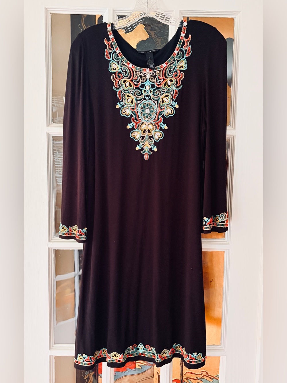 INC International Concepts Dress SZ L Black Beaded Embroidered Embellished Lined